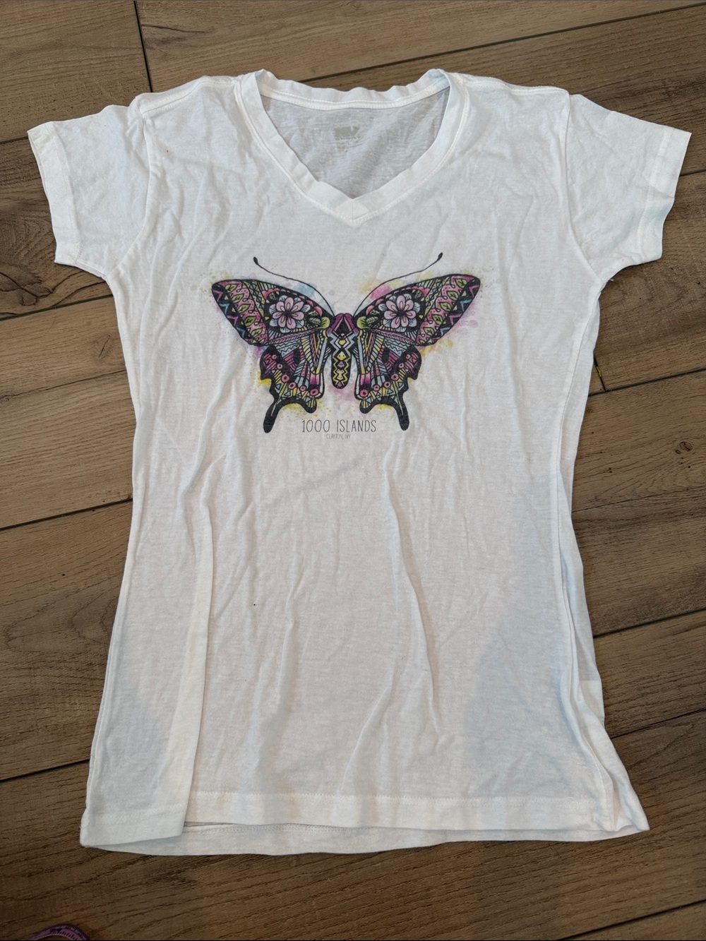 White Butterfly V-Neck Graphic Tee